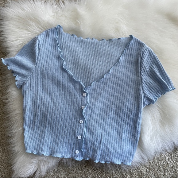 Shein Wavy Trimmed Rib Knot Crop Top Size Large in Blue - Picture 3 of 7